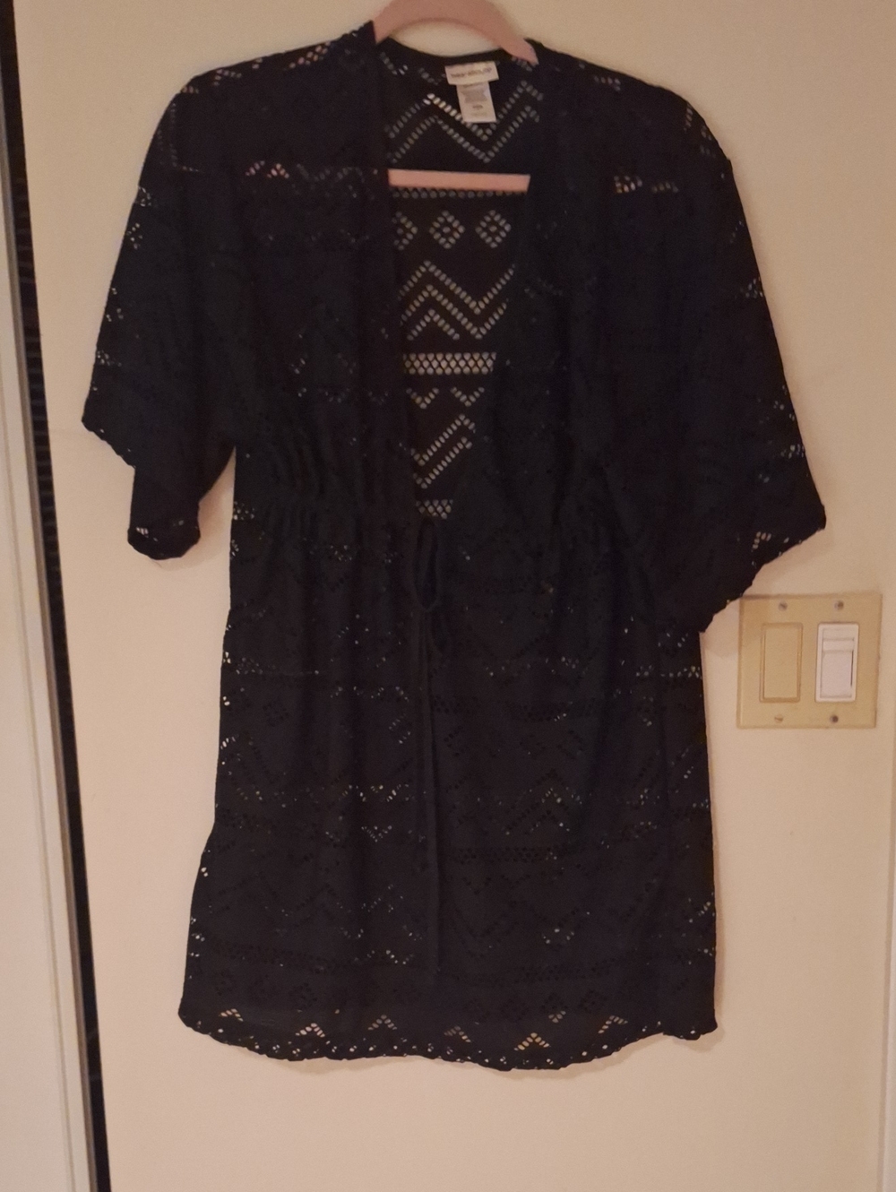 Black Crochet Kimono Bathing Suit Cover-Up - Women Tops Black Small